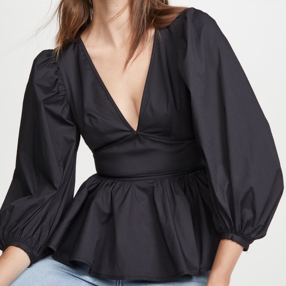 STAUD Luna Poplin V-Neck Open Back Puff Sleeve Top in Black - Picture 3 of 9